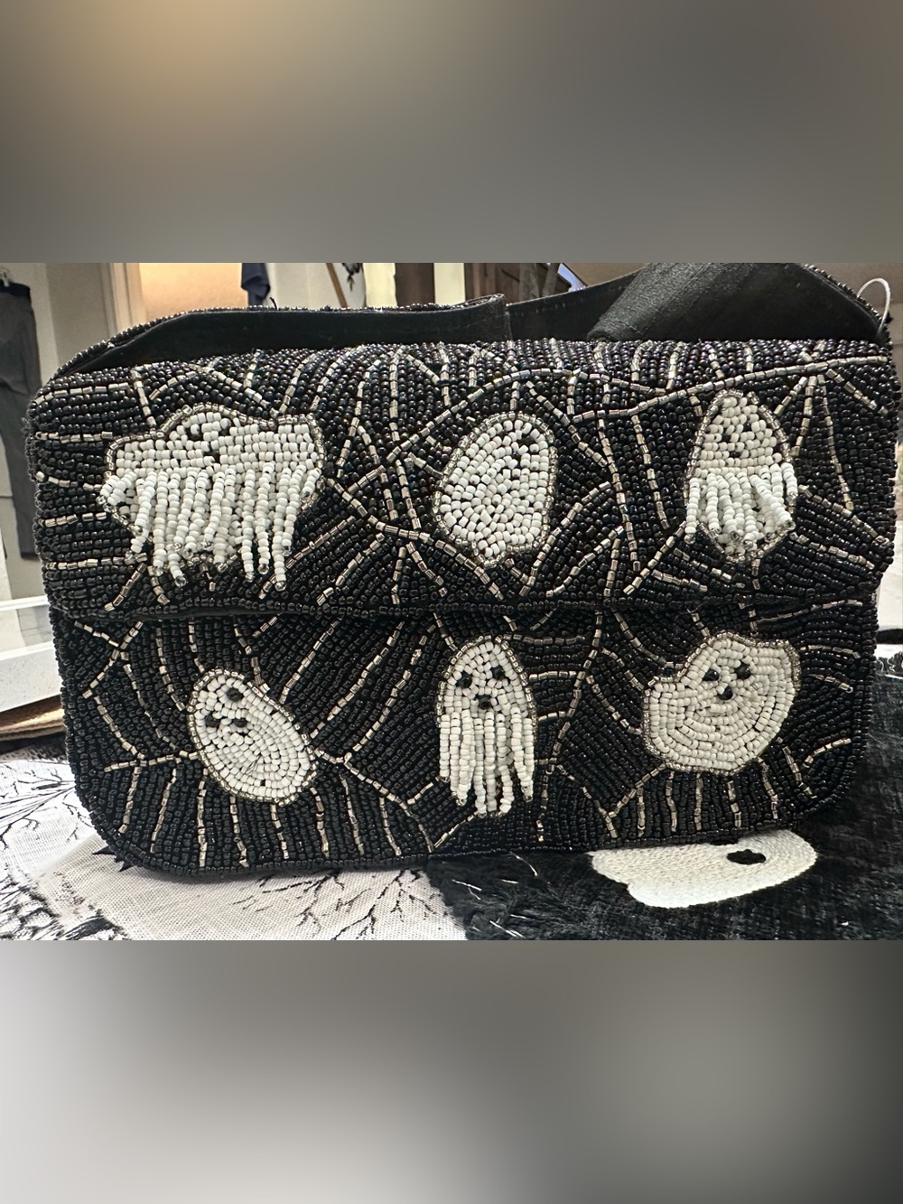 Beaded Ghost Motif Handbag - Black & White